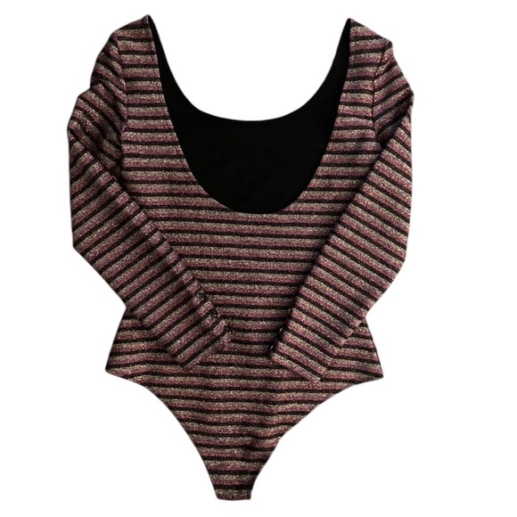Sezane Shimmer Striped Long Sleeve Bodysuit Scoop Neck and Back - Picture 3 of 11